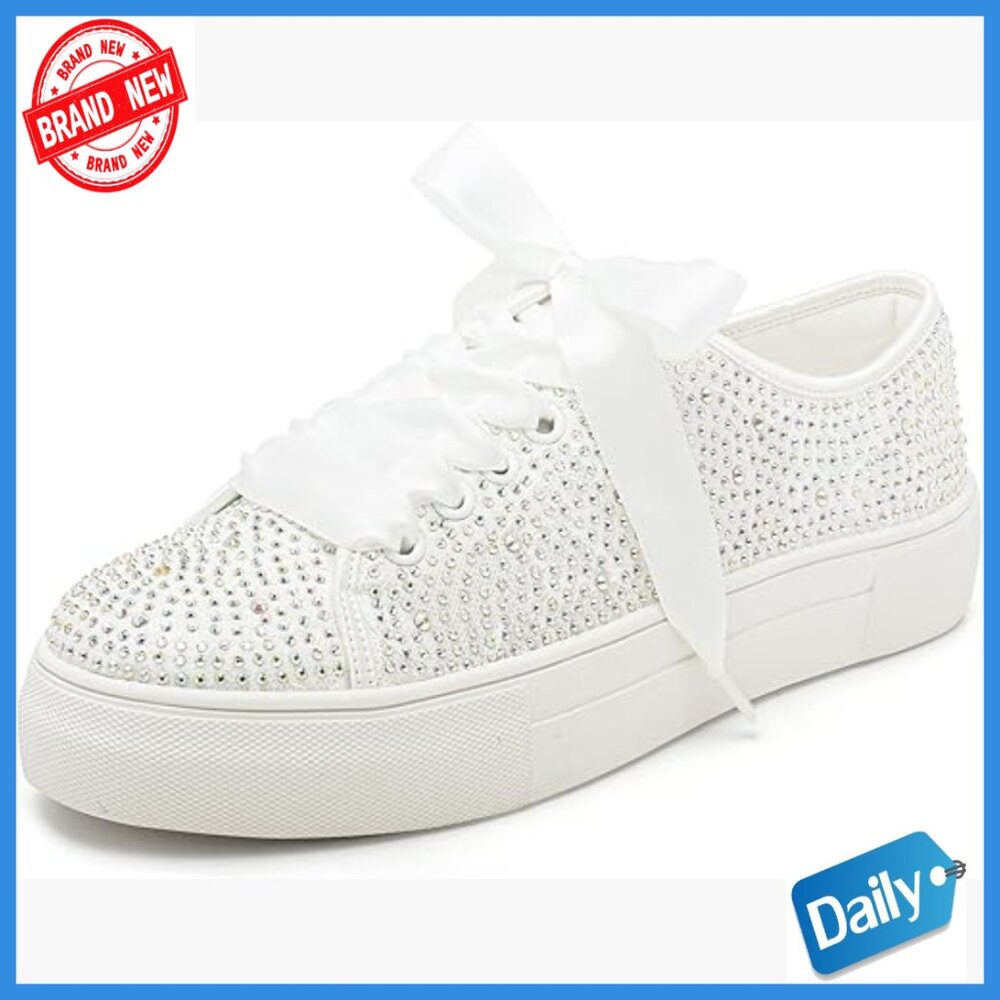 Lace Platform Wedding Sneakers with Rhinestones, 1.46" Platform, Satin Material